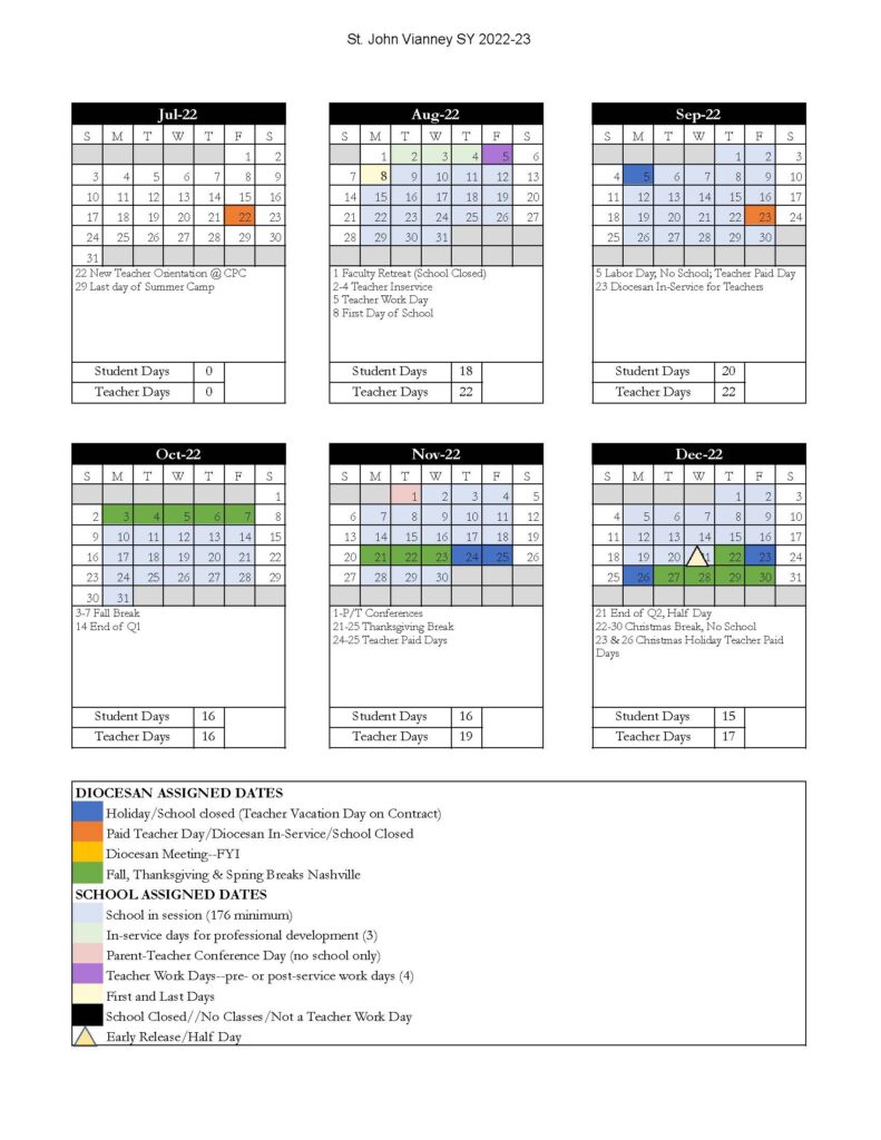 School & Lunch Calendar Saint John Vianney Catholic School Gallatin