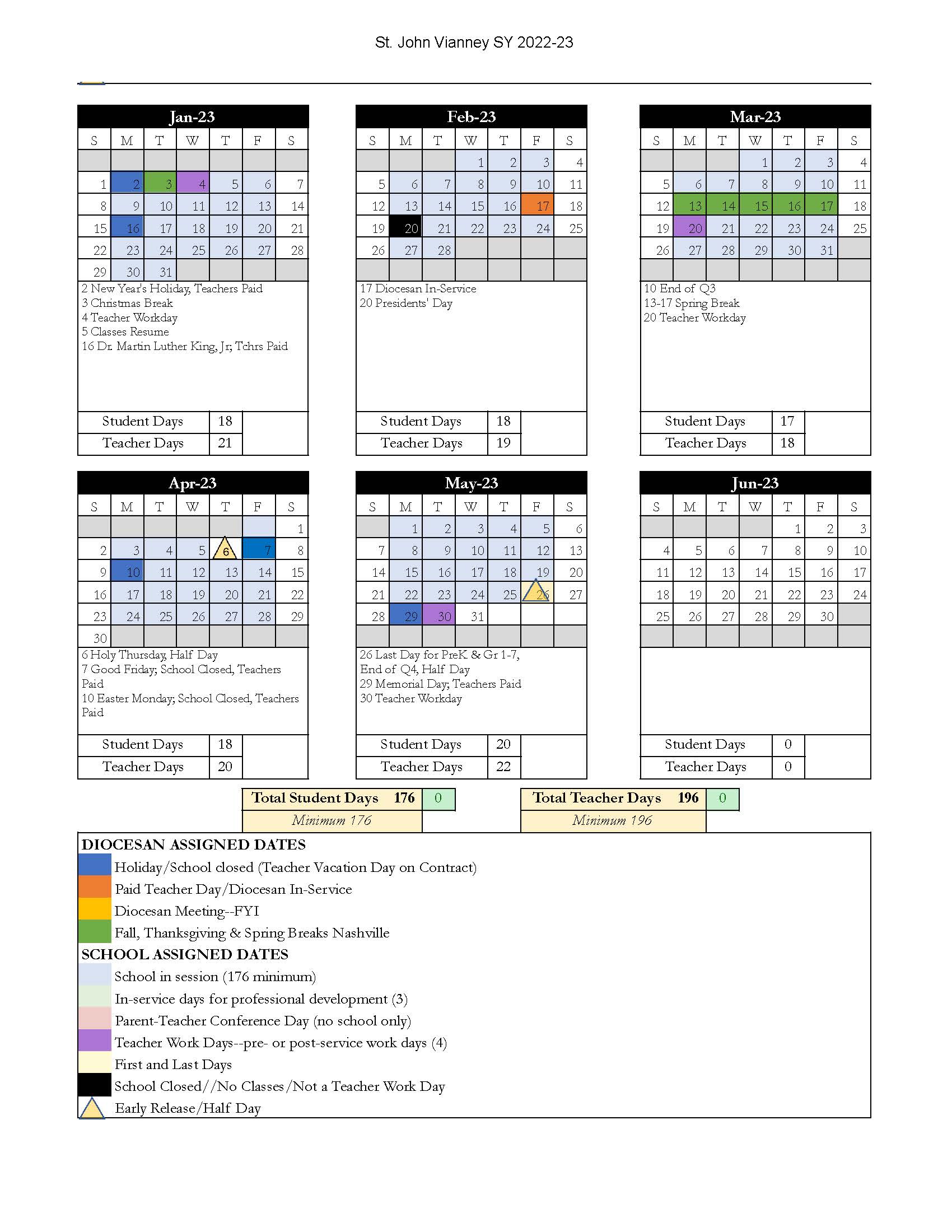 School & Lunch Calendar Saint John Vianney Catholic School Gallatin